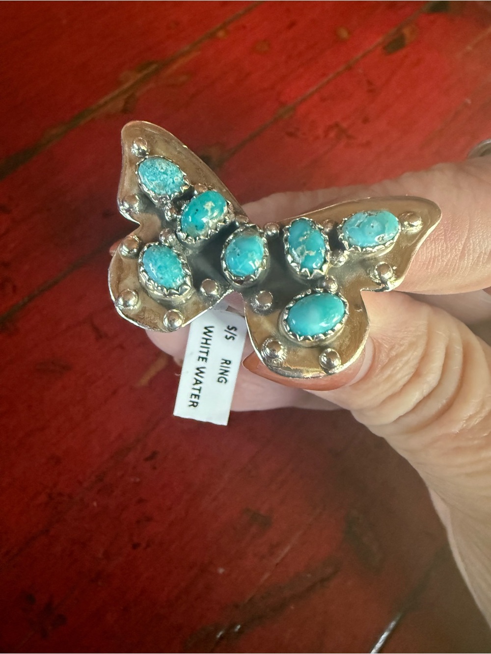 Sterling Silver White Water Turquoise Butterfly Statement Ring Adjustable to 9. - Picture 4 of 5